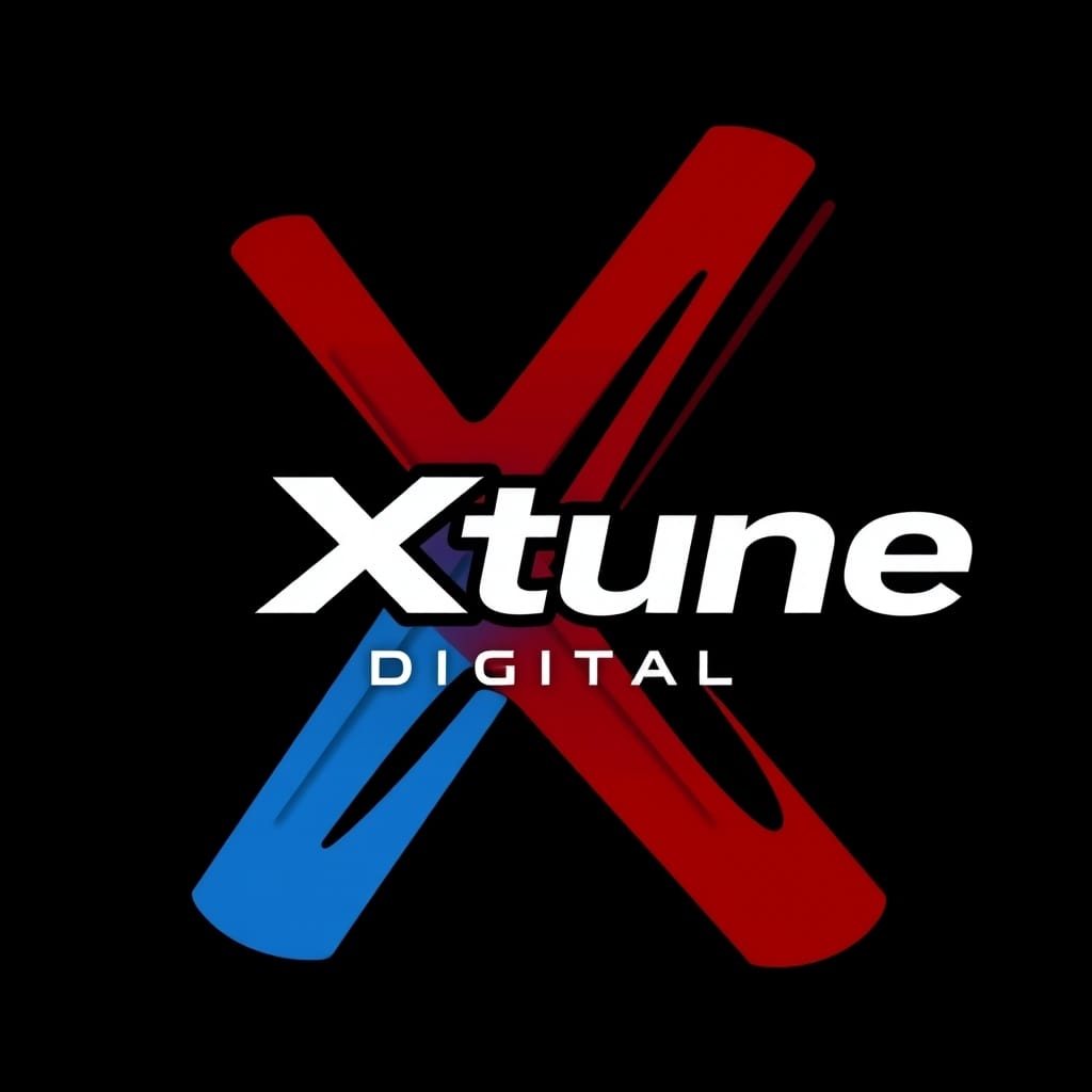 XTune Digital logo - abstract musical waveform in teal on black background with modern geometric patterns